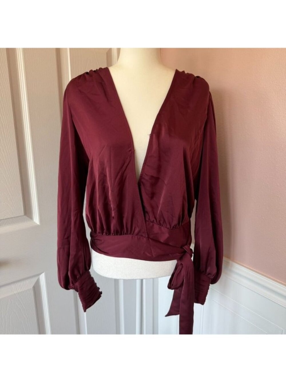 Ramy Brook Burgundy Smocked Wrap Blouse Size Small